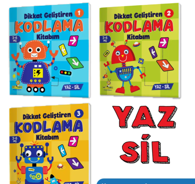 3-6 Yaş Dikkat Geliştiren Kodlama Kitabım Serisi YAZ-SİL (İnce Motor Becerileri, Dikkat Geliştirme, Yer Yön Kavramı, Matematiksel Beceriler)