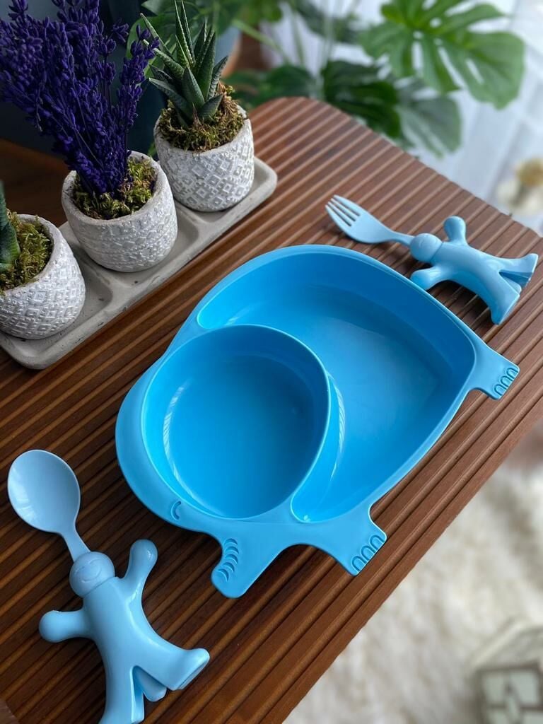 Fil Model Bölmeli Mama Tabağı + Çatal Kaşık Takımı (Mavi)