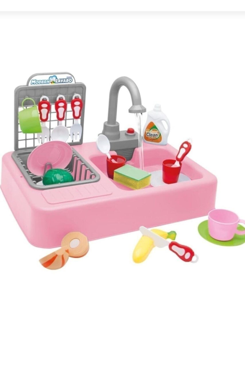 Modern Çeşmeli Lavabo Pilli Mutfak Oyuncak Seti (Pembe)