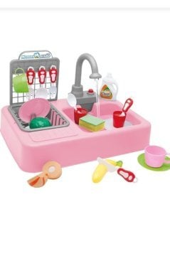 Modern Çeşmeli Lavabo Pilli Mutfak Oyuncak Seti (Pembe)