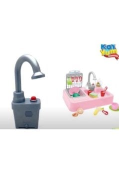 Modern Çeşmeli Lavabo Pilli Mutfak Oyuncak Seti (Pembe)