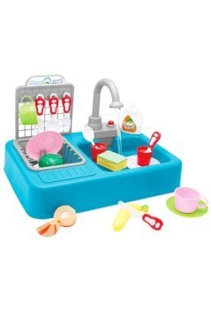 Modern Çeşmeli Lavabo Pilli Mutfak Oyuncak Seti (Mavi)